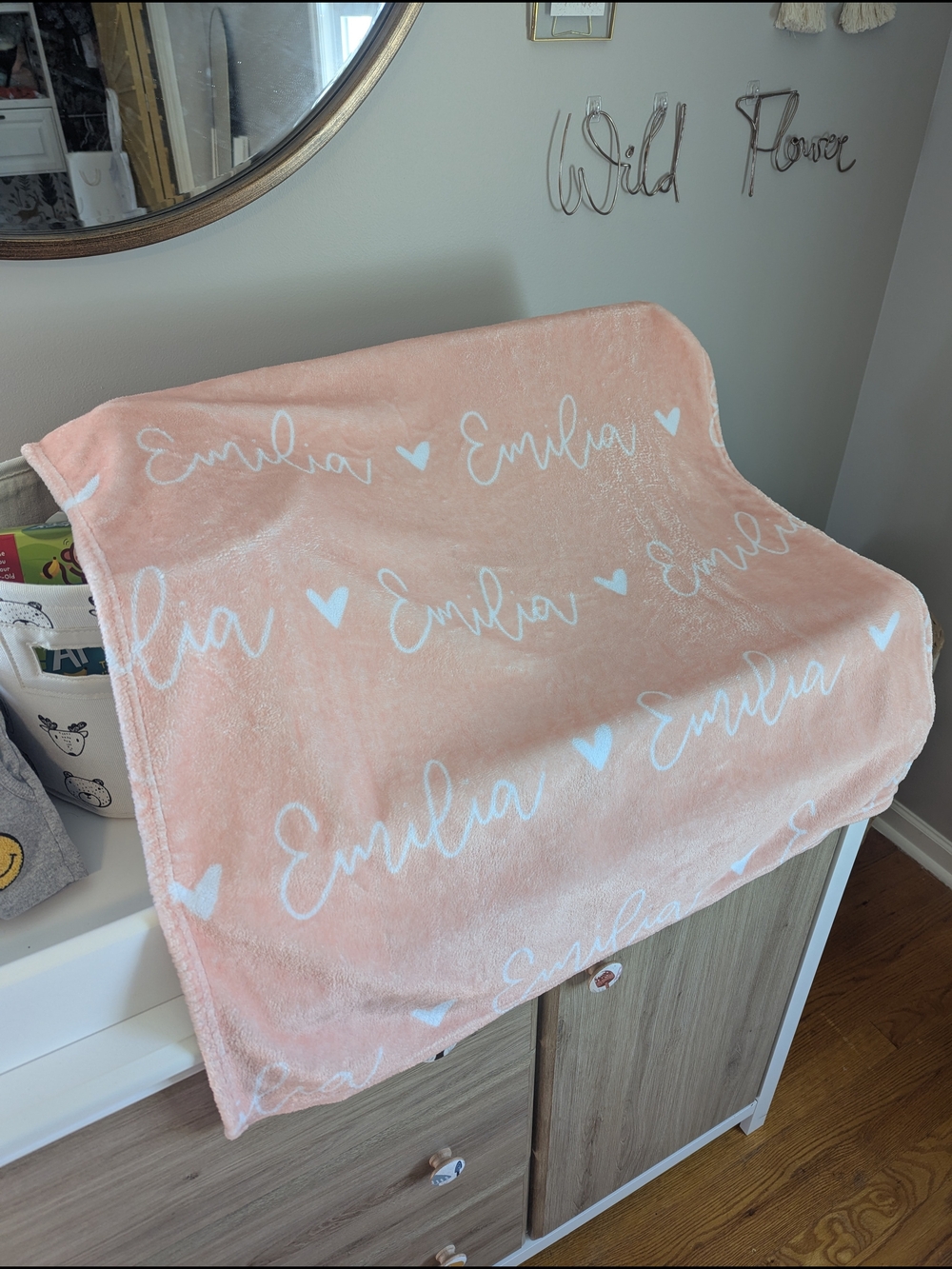 Personalized Pink Plush Baby Blanket - "Emilia" Script with Hearts